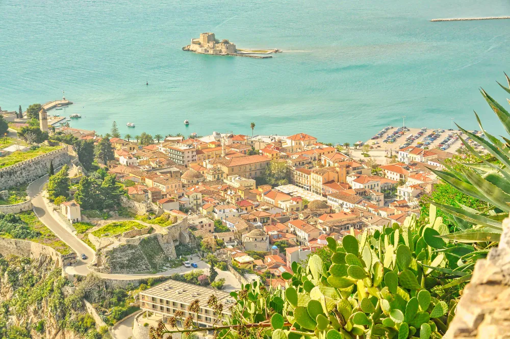 Aerial view of Nafplio with the Bourtzi castle — long-distance taxi transfer destination from Athens