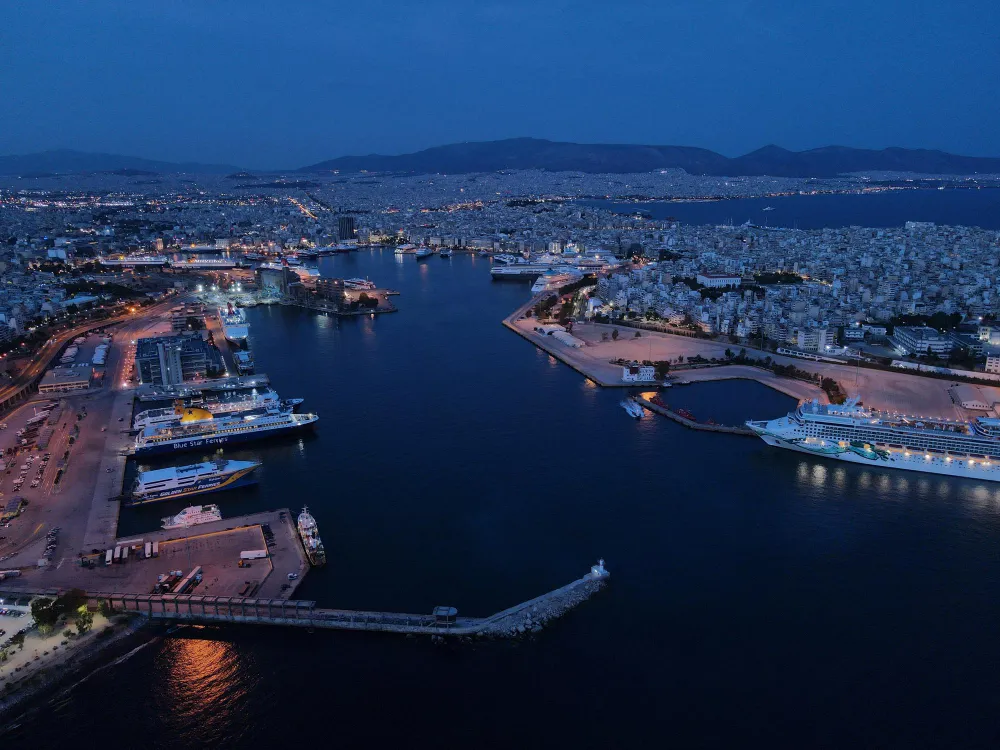 Aerial view of Piraeus port — pickup point for Piraeus port transfers by station wagon taxi